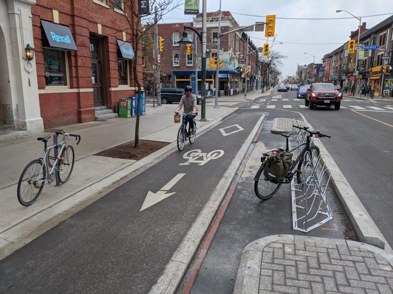 Raised bike lane on Bloor Street in the Annex. 