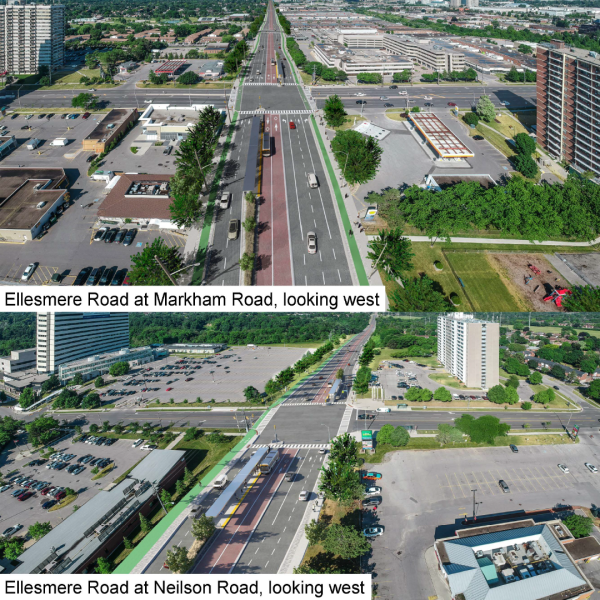 Two renderings of Ellesmere Road with dedicated bus and bike lanes