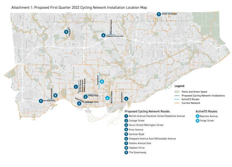 Map of first quarter 2022 cycling network installations in Toronto