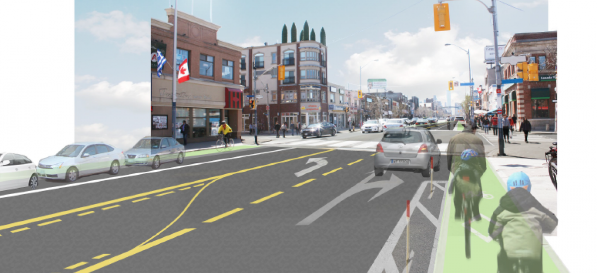 Rendering of a possible street configuration with bike lanes on Danforth Ave