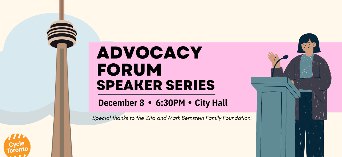 Advocacy Forum Graphic that features the CN Tower and a woman at a podium