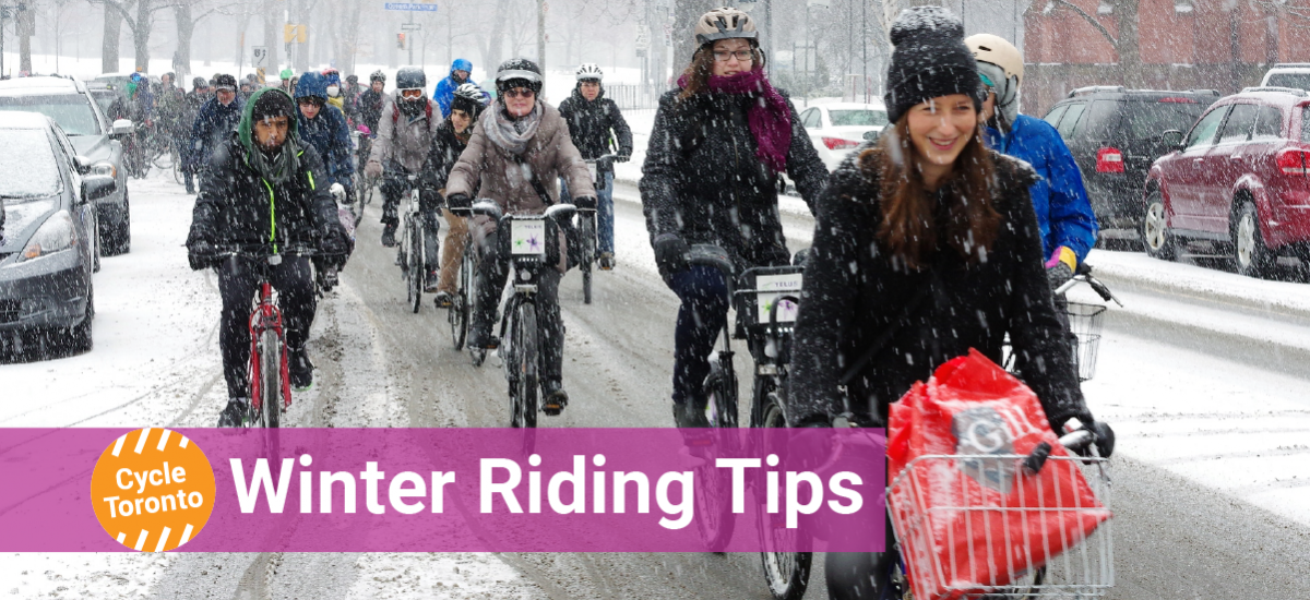 Winter Riding Tips. Cyclists happily ride in the snow