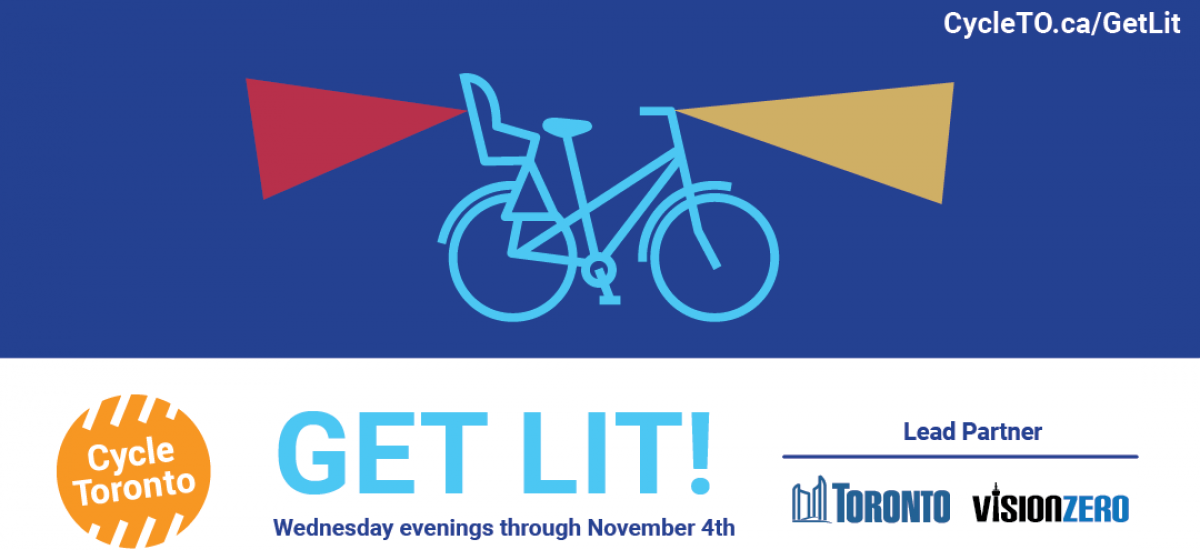 Get Lit! Wednesdays in October. Outlines of bikes on a blue background. They have yellow lights on the front and red on the back.