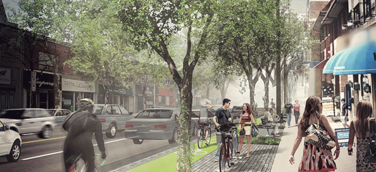 Artist rendering of Eglinton as a lush street with bike lanes