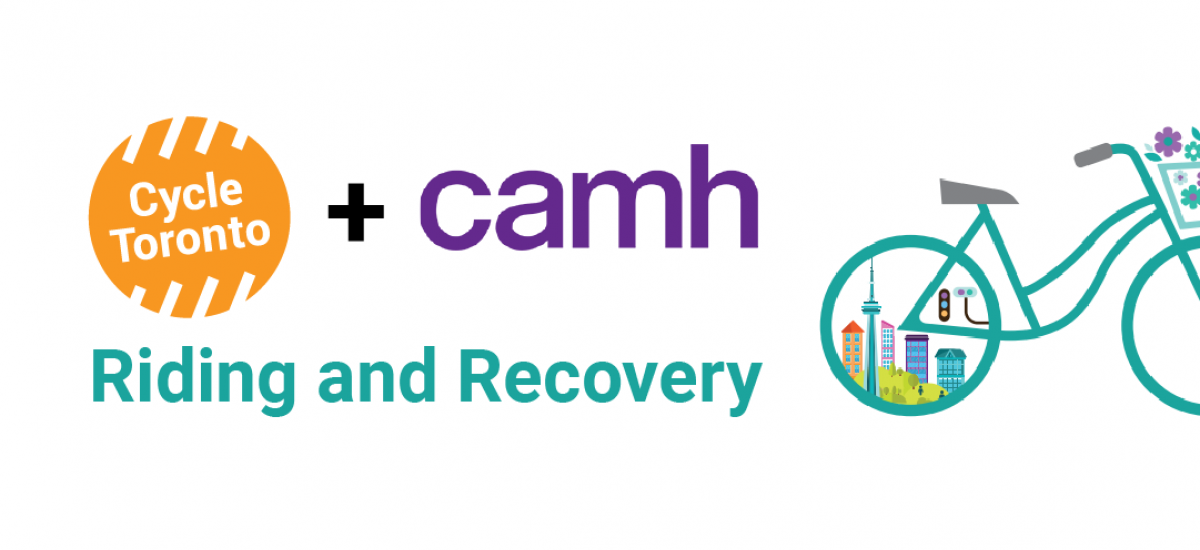 Riding and Recovery Cycle Toronto plus CAMH. Riding and Recovery. A rendered green bike is directed toward the right. Toronto's skyline is in the rear wheel.