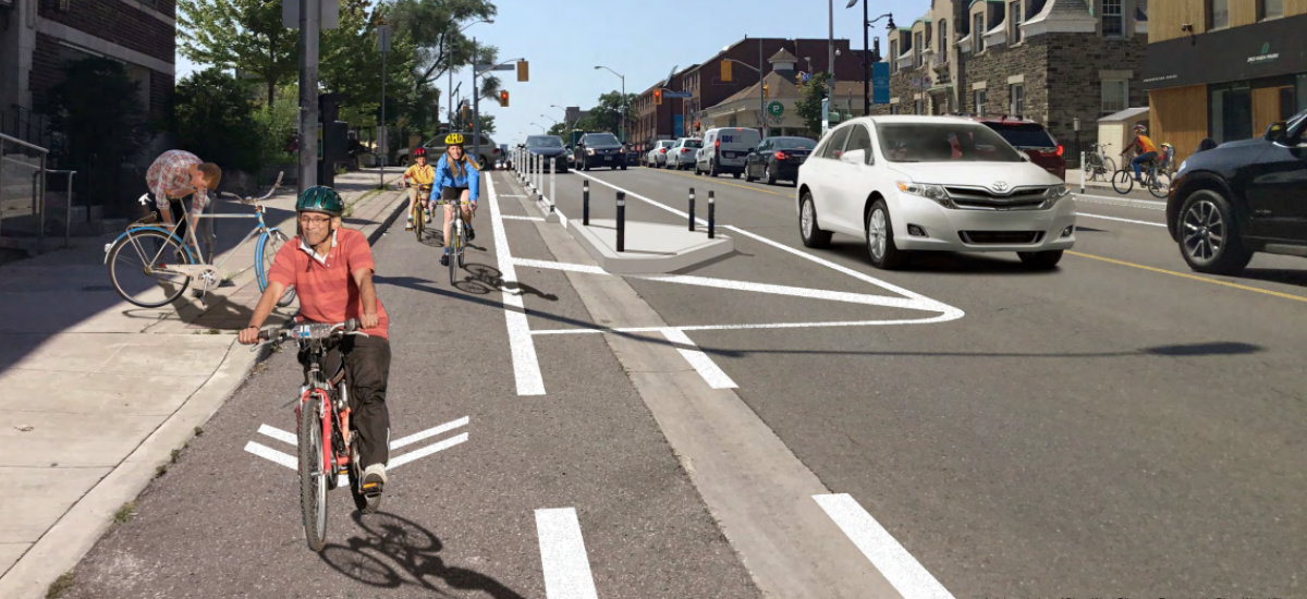 Bloor West rendering with protected bike lanes