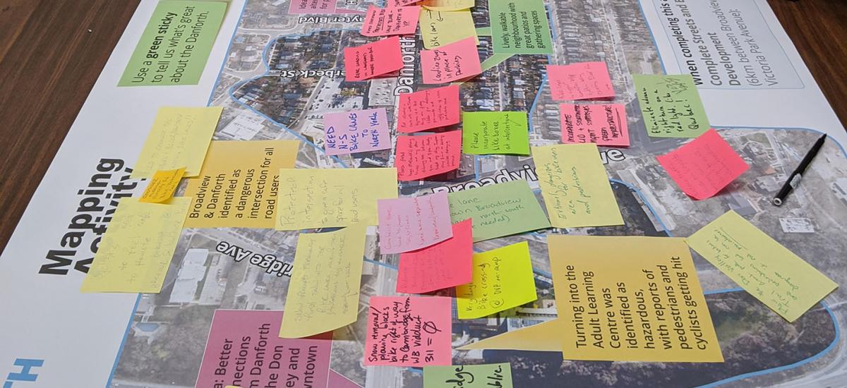 Multi-coloured sticky notes with comments are placed on large maps of Danforth Ave