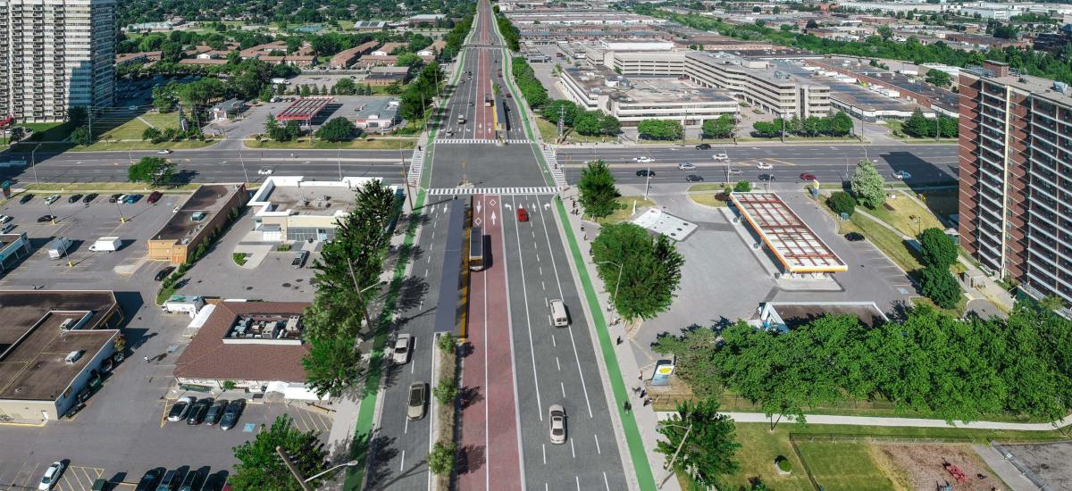 Rendering of Ellesmere Road with dedicated bus and bike lanes