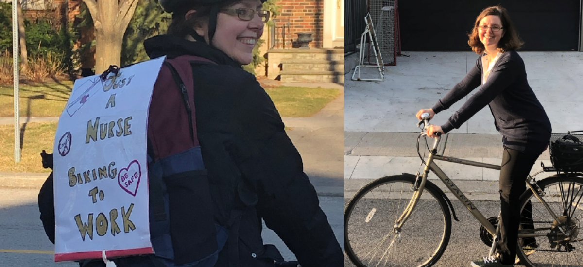 Two images of the same women on a bike. One has a sign that says "Just a nurse biking to work"