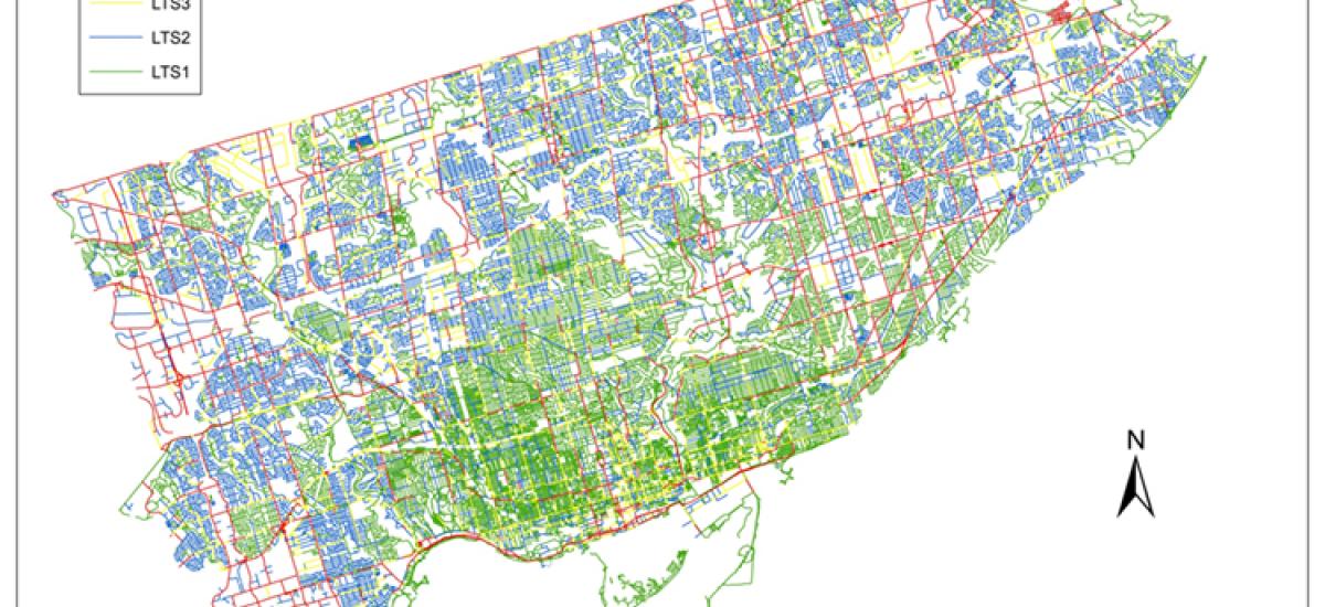 A map of Toronto's bikeway network with colours representing the route's level of stress