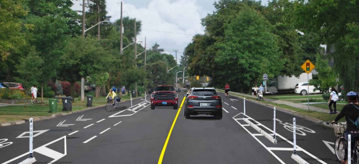 Road with protected bike lanes