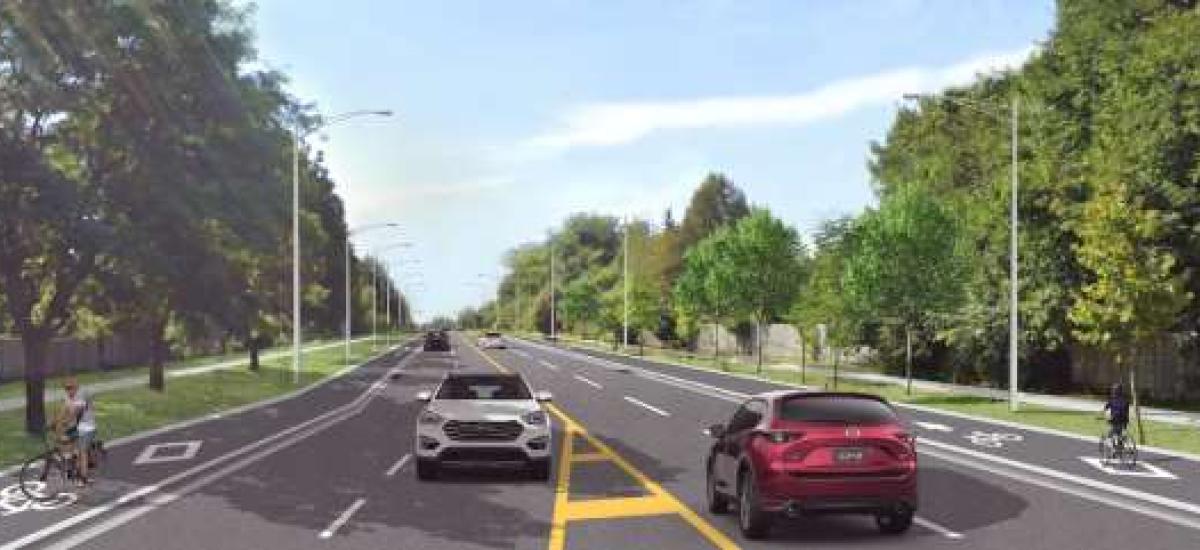 Rendering of Port Union Road with protected bike lanes