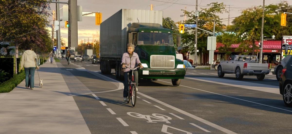 Rendering of The Queensway at the Ontario Food Terminal with bike lanes and heavy trucks