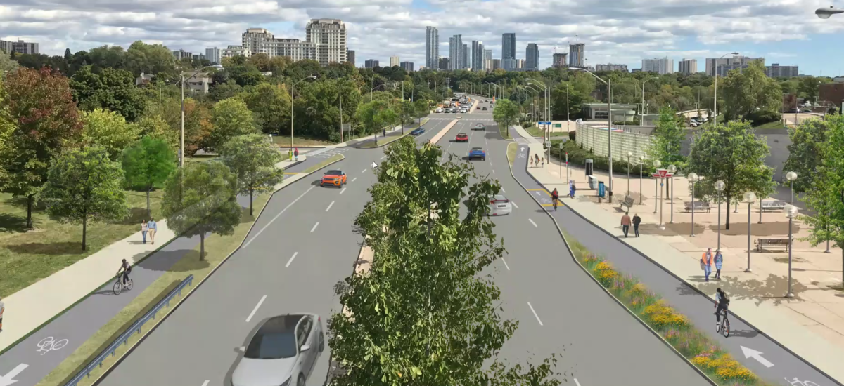 Rendering of Sheppard Avenue facing Leslie with protected bike lanes.