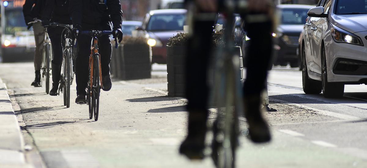 People riding bikes in a protected bike lane