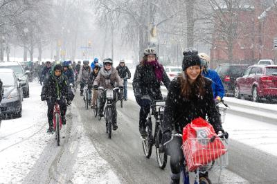 Many people ride bikes in the snow