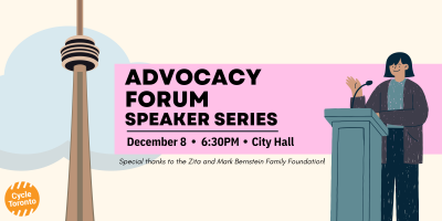 Advocacy Forum Graphic that features the CN Tower and a woman at a podium