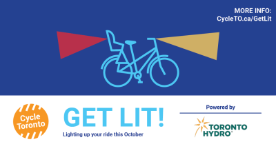 Image of a bike with lights. Text reads "Get Lit! Powered by Toronto Hydro"