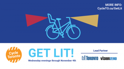 Get Lit! Wednesdays in October. Outlines of bikes on a blue background. They have yellow lights on the front and red on the back.