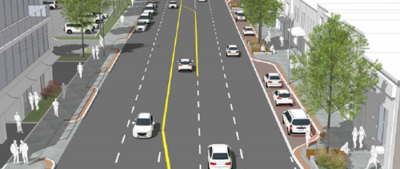 Rendering of a five lane road with no bike lanes