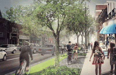 Artist rendering of Eglinton as a lush street with bike lanes