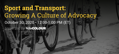 Black and white photo of people riding road bicycles. Only the wheels and feet of the cyclists are visible. Across the top, text reads: Sports and Transport: Growing a Culture of Advocacy. October 30, 2020 - 12:00 pm.