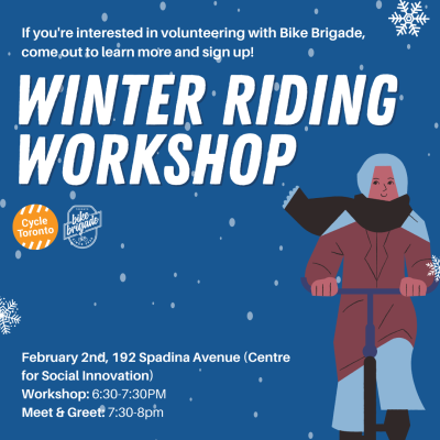 Blue background with girl riding bike. Text outlining the Winter Riding Workshop with the Bike Brigade on February 2nd at 6:30PM.