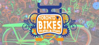 Toronto heart bikes make a thon logo superimposed on a neon collection of bikes and bike parts