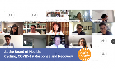 A virtual meeting is in the background. Title reads: At the Board of Health, Cycling, COVID-19 response and recovery