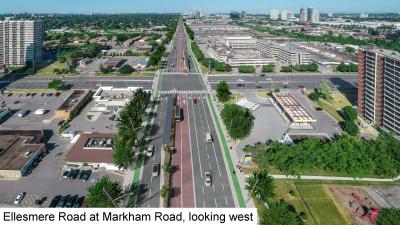 Rendering of Ellesmere Road with dedicated bus and bike lanes