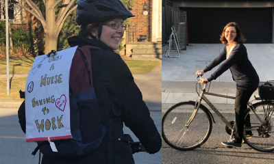 Two images of the same women on a bike. One has a sign that says "Just a nurse biking to work"