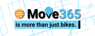 Cycle Toronto Move 365 is more than just bikes. A teal and black colour scheme prevades. The "V" in "Move" is stylized to look like a map pin. A map is in the background.