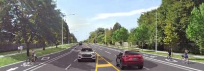 Rendering of Port Union Road with protected bike lanes