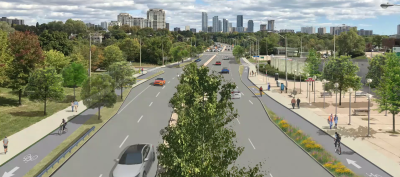 Rendering of Sheppard Avenue facing Leslie with protected bike lanes.