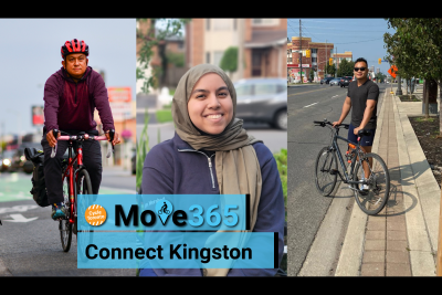 Three people side by side. Text reads "Move 365 Connect Kingston"