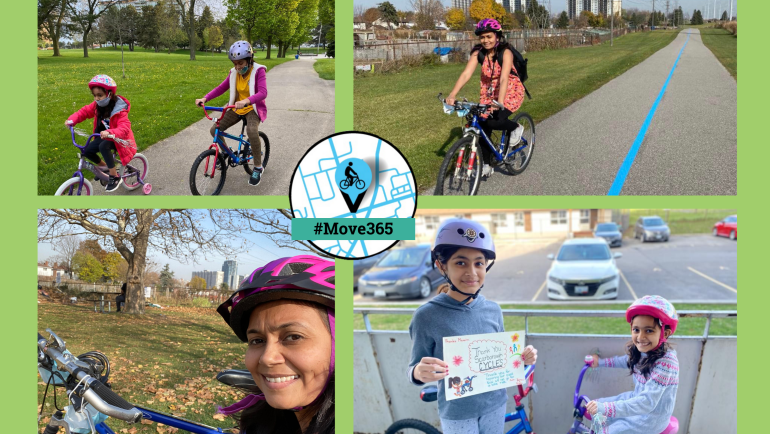 Pictures of a woman and her children cycling