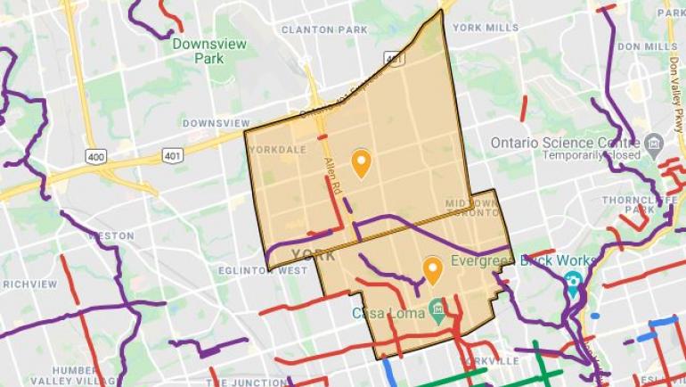 Map of Cycle Toronto Midtown and cycling infrastructure