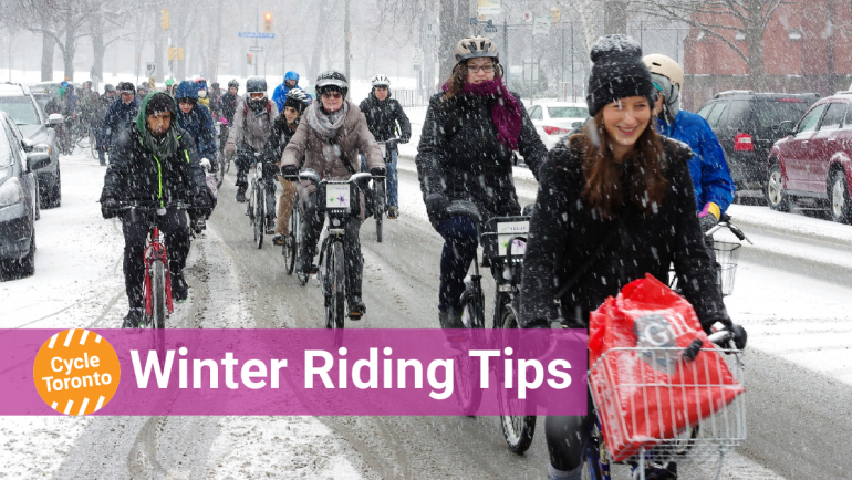 Winter Riding Tips. Cyclists happily ride in the snow