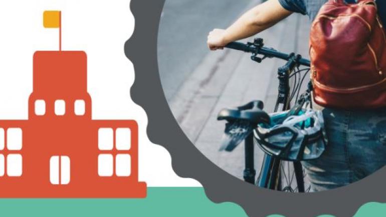 Thumbnail of the cover of the report, Engaging School Communities in Cycling Infrastructure Projects, shows a child walking a bicycle. An icon of a school is shown to the left.
