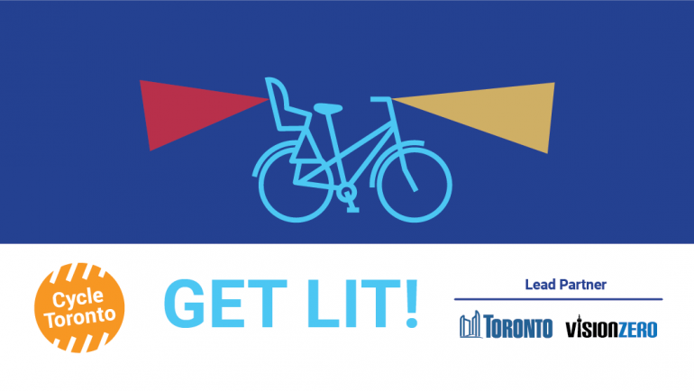 Get Lit! Wednesdays in October. Outlines of bikes on a blue background. They have yellow lights on the front and red on the back.
