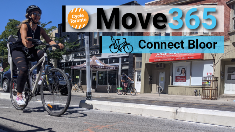 Move 365 Connect Bloor. A person rides a bike with a childseat.