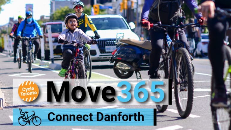 Move 365 Connect Danforth. People, including children ride bikes in a bike lane.