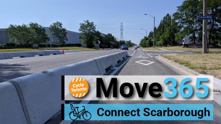 Move 365 Connect Scarborough. A low concrete wall protects a bike lane