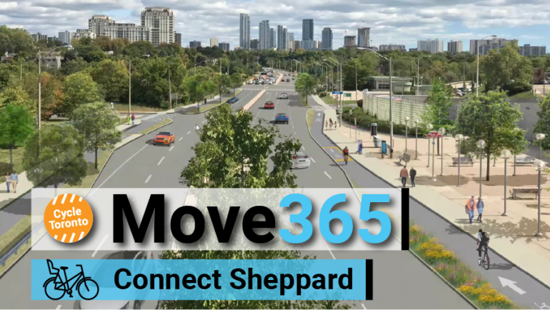 Rending of Sheppard Avenue with bike lanes. Text reads "Move 365 connect sheppard"