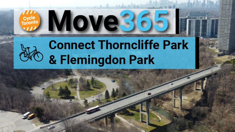 Move 365 Connect Thorncliffe Park and Flemingdon Park. A bridge heads into an urban area