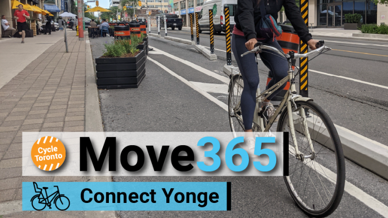 Move 365 Connect Yonge. Person rides a bike in a bike lane beside a patio