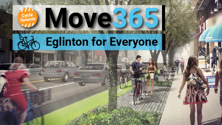 Move 365 Eglinton for Everyone. Rendering of street with bike lanes, trees, sidewalks, and driving lanes.