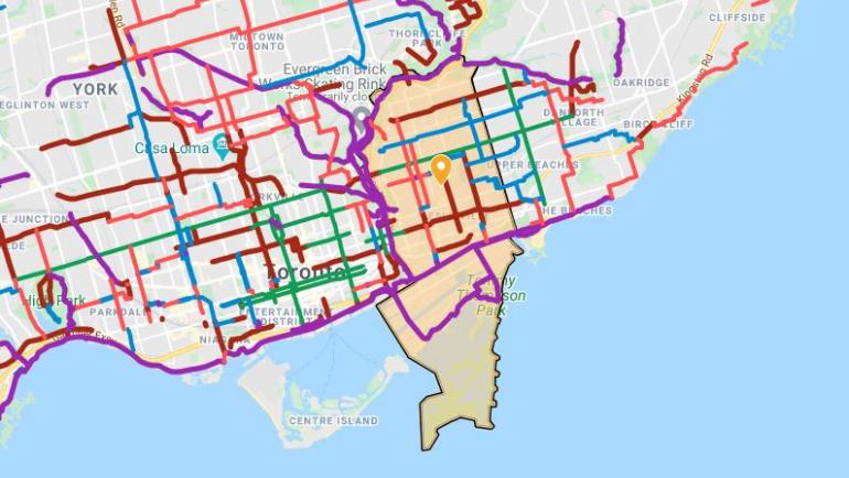 Map of Ward 14 with cycling routes shown