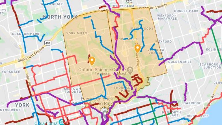 Map of Cycle Don Valley Midtown showing wards 15 and 16 and cycling infrastructure