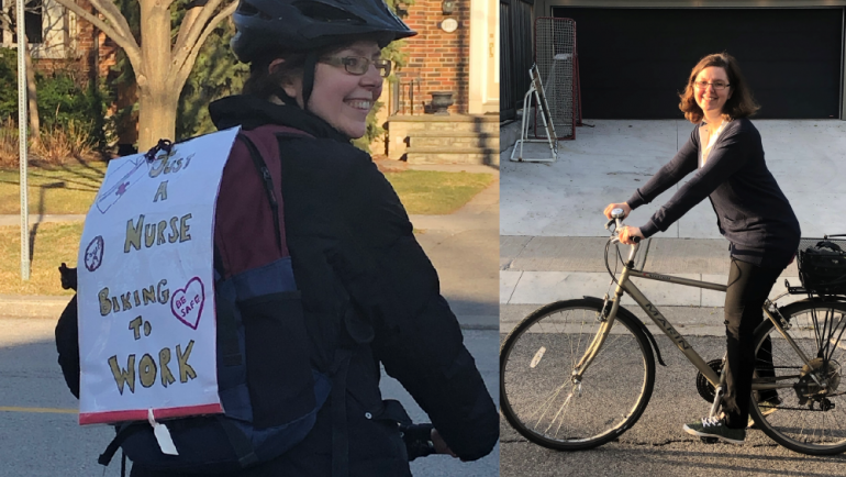 Two images of the same women on a bike. One has a sign that says "Just a nurse biking to work"